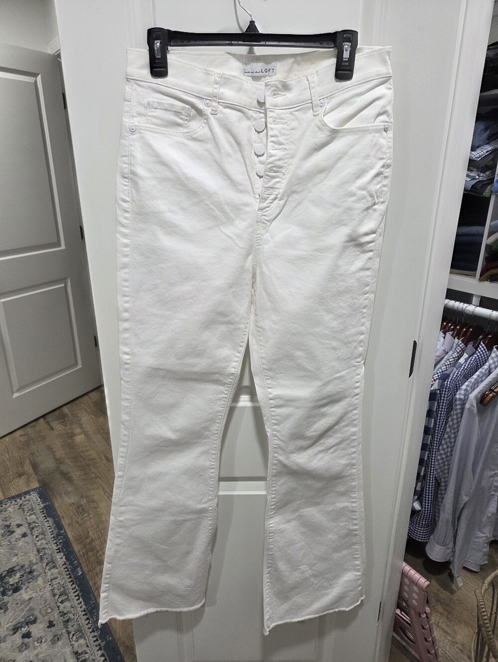 LOFT White High Rise Kick Crop Flare Jeans - Button Fly Raw Hem Size 8